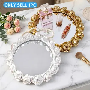 European Courtly Style Rose Ring Mirror Decor Tray, Resin Hand-Painted Romantic Rose Makeup Jewelry Storage, Bathroom Bedroom Living Room Organizer, Restroom Organizer Storage