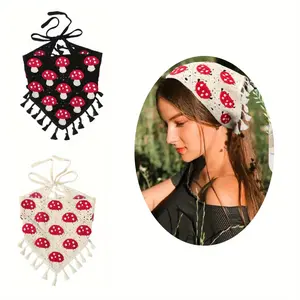 2Pcs Cute Mushroom Crochet Hair Bandanas Headscarf, Vintage Floral Head Kerchief, Unique Design, Casual Style Bohemian Fashion Accessories, Suitable for Daily Wear, Spring Outing, Beach Holiday