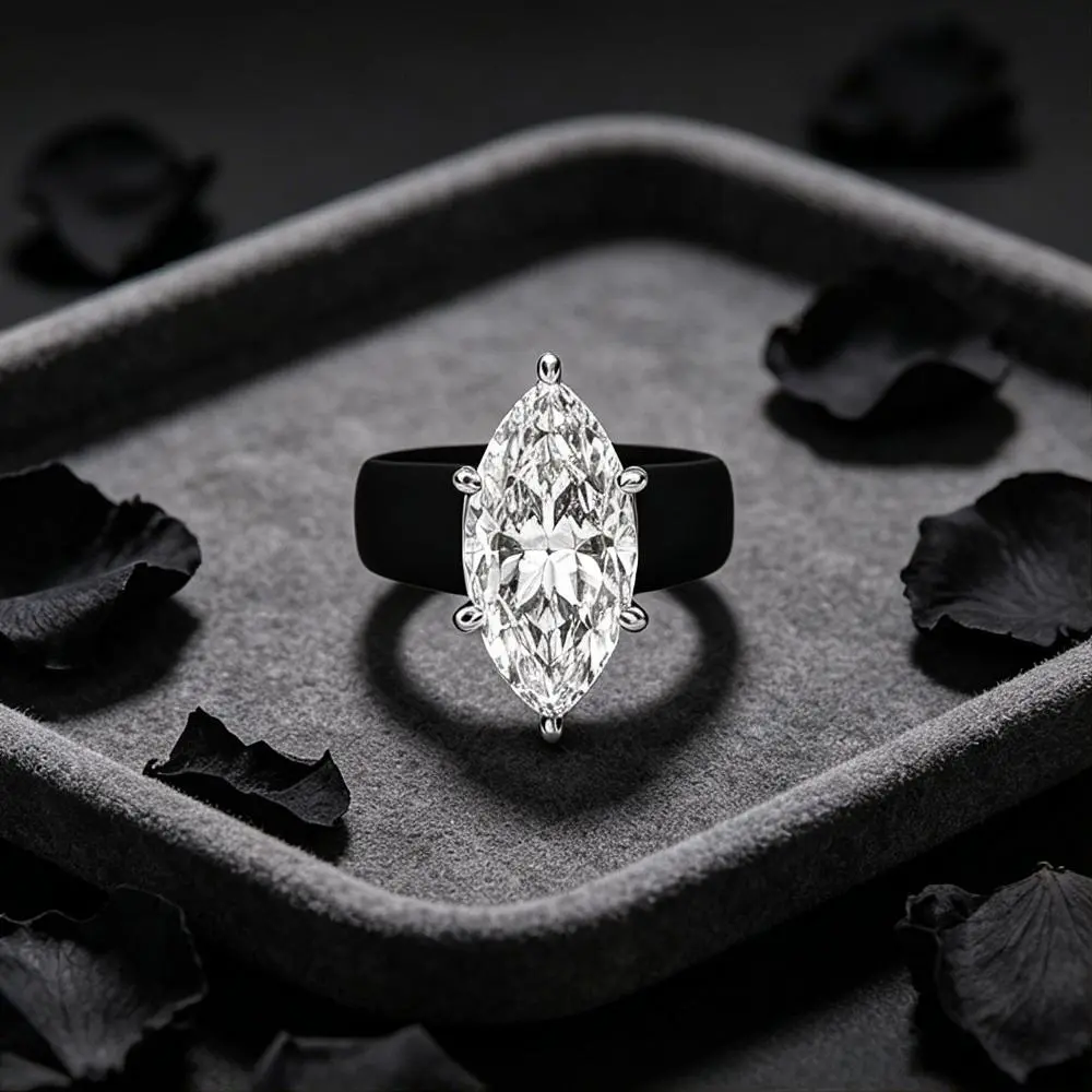 4CT Marquise Cut CZ Silicone Ring, Black Matte Wide Band with White Gold Prongs, Daily Stackable Casual Statement Jewelry for Wo