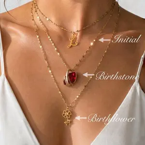Women's 18K Gold Plated Custom Pendant Necklace - Personalized With Wish Birthstone, Birth Flower, Custom Initials - High-Quality Female Daily Chain Jewelry, Necklace Chain For Women