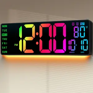Digital Wall Clock 16" with 11 RGB Colors Adjustable Brightness Auto DST Temperature Display Remote Control Night Light Perfect for Living Room Bedroom Office Classroom Decor
