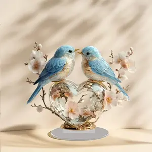 2D Acrylic Desktop Decoration Figurine, Flower Bird Pattern, Vibrant Colors, Perfect for Home Office Cabinets and Desks, Holiday Table Decor