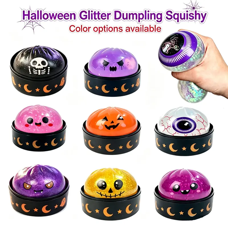 Halloween Dumpling Stress Relief Toys with Steamer Storage Boxes, Fast-rebound squishy toys, multiple colors optional, ideal for Halloween party gifts, featuring grimace pumpkin and little devil designs