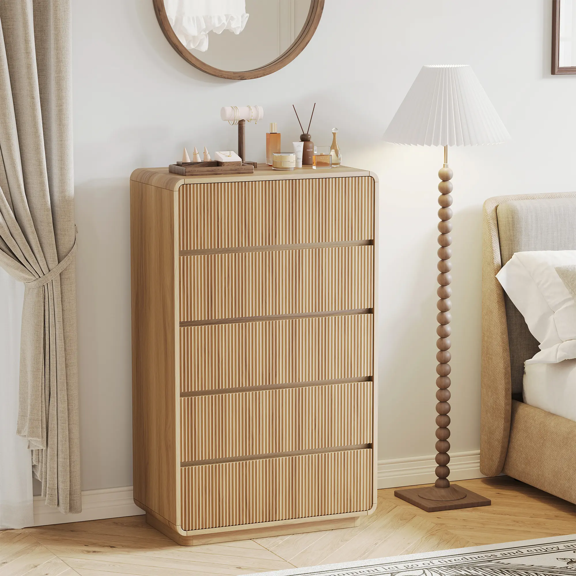 5 Drawer Dresser for Bedroom, 84lbs Heavy-Duty Chest of Drawers with Fluted Wave Design, Curved Tall Dresser with Anti-Tip Strap & Silent Slides, Extra Large Storage Dresser, Oak
