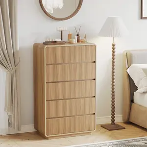 5 Drawer Dresser for Bedroom, 84lbs Heavy-Duty Chest of Drawers with Fluted Wave Design, Curved Tall Dresser with Anti-Tip Strap & Silent Slides, Extra Large Storage Dresser, Oak