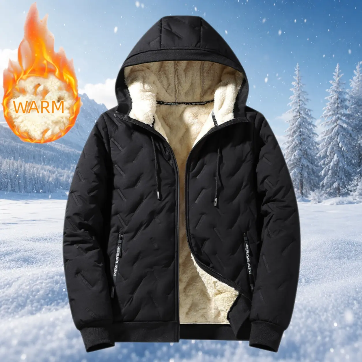 Stylish men’s fitted fleece jacket with a casual diamond pattern, warm hooded long sleeves, quilted lightweight pull-on outerwear for everyday wear, fashionable menswear top