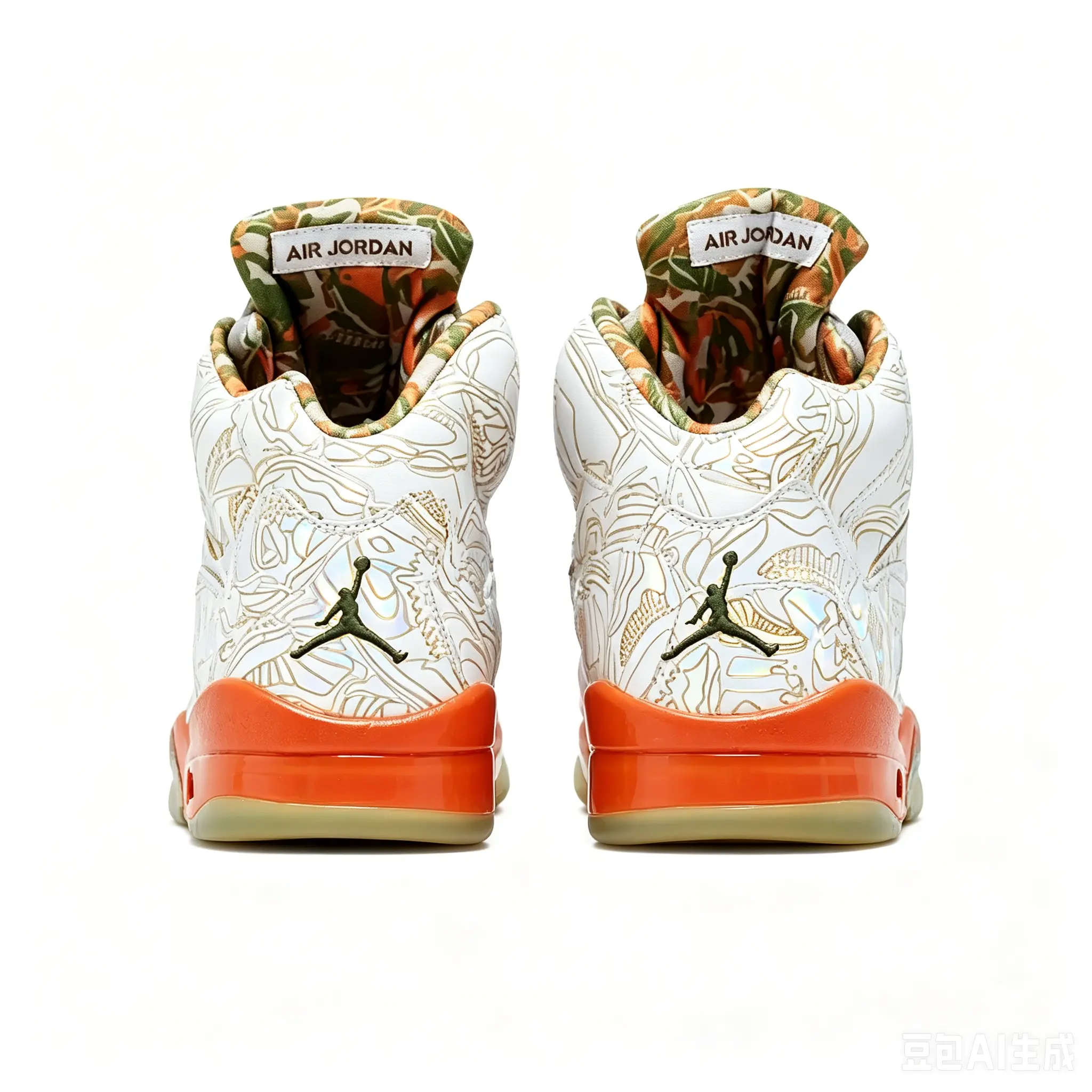 High‑Top Retro Basketball Sneakers White Laser Printed Upper Olive Green Mesh Vents Bright Orange Heel Midsole Aged Pale Yellow Outsole Colorful Pattern Inner Lining Shock‑Absorbing Street Fashion Sport Footwear