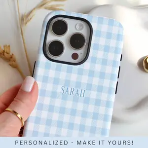 Custom Name Gingham Phone Case, Plaid Frosted Phone Case,  Personalized Plaid Minimalist Cover, Aesthetic Phone Cover Gift for Her