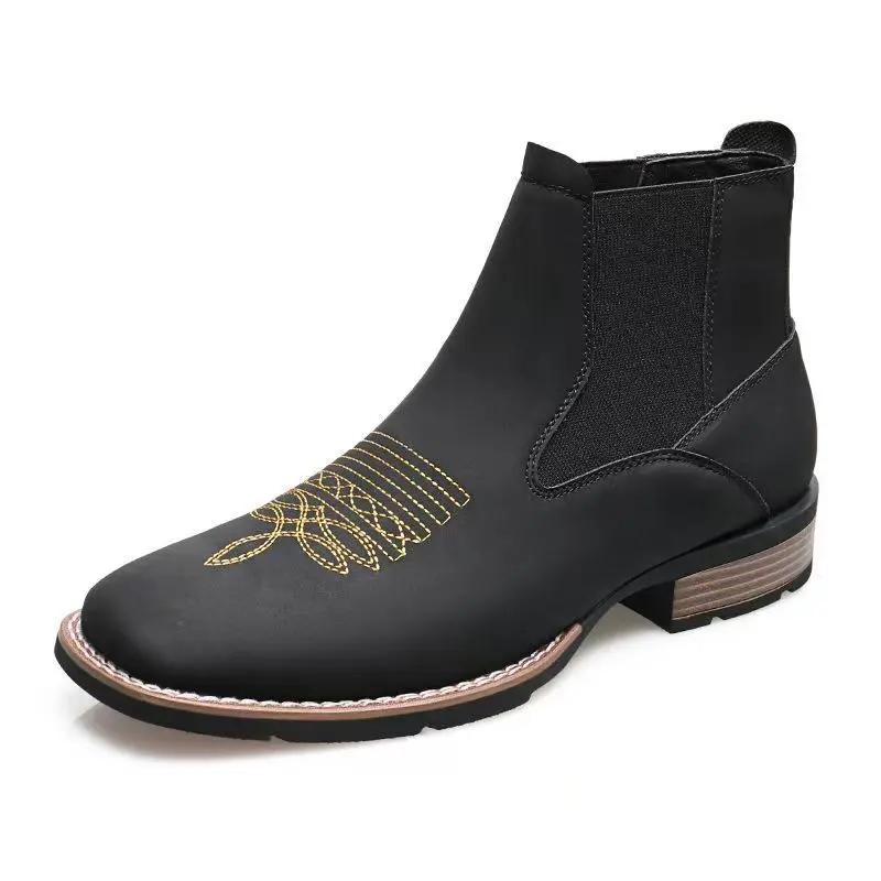 Men's Classic British-Style Handcrafted Embroidered Decor Chelsea Boot Walking Shoes, Square-Toe Short Outdoor Slip-On Footwear