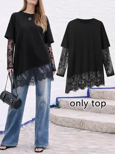 Women's Lace Patchwork Crew Neck T-shirt, Long Sleeve, Asymmetric Hem, Soft Breathable Fabric, Casual Daily & Street Style Wear, Top, 1 Piece, Womenswear