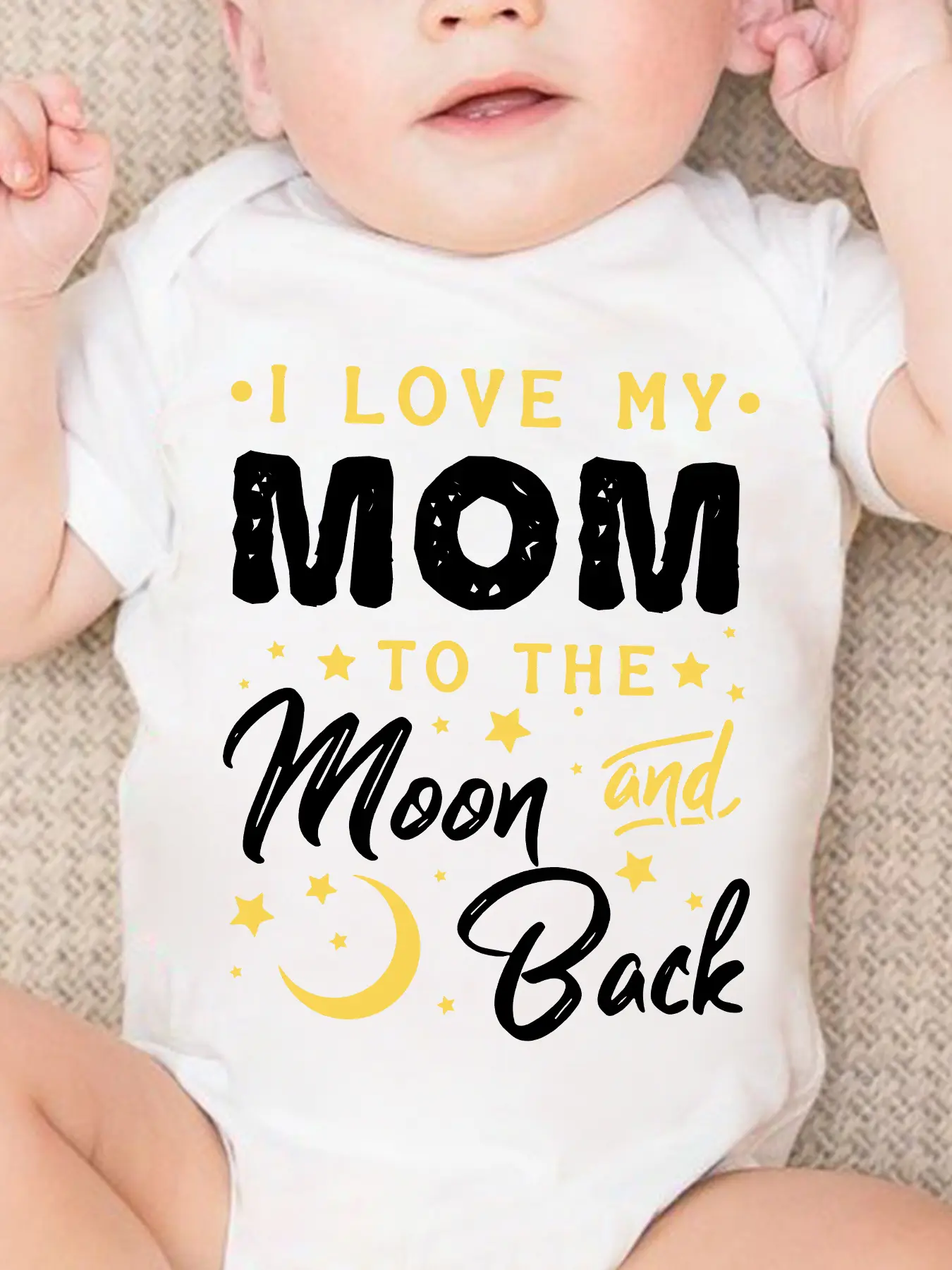 Short‑Sleeve Baby Bodysuit, I Love My Mom To The Moon And Back Crescent Moon Star Print Soft Cotton Newborn Infant Onesie