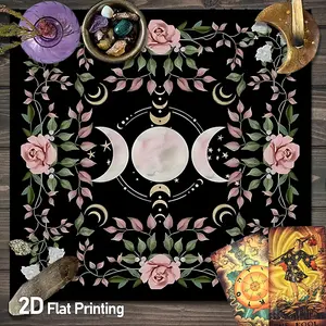 Mystic Triple Moon Goddess Tarot Card Tablecloth | Bohemian Moon Phase Rose Floral Altar Tablecloths | Vintage Gothic Celestial  Gaming Tablecloth | Divination Witchcraft Astrology Oracle Cards Altar Cloths | Crystal Grid Meditation Table Cloths