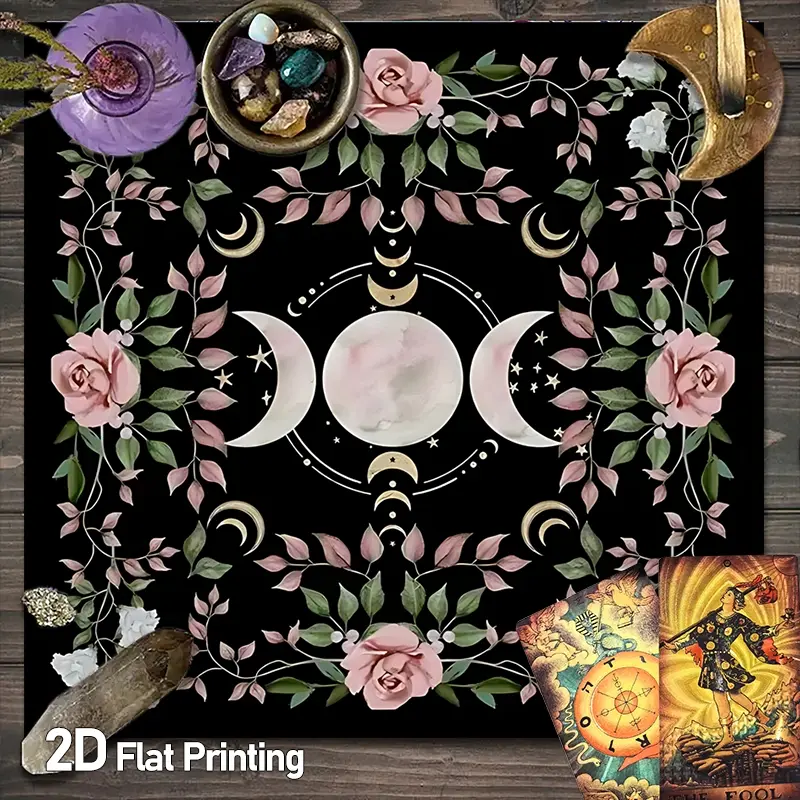 Mystic Triple Moon Goddess Tarot Card Tablecloth, Spiritual, Bohemian Moon Phase Floral Altar Tablecloths, Vintage Gothic Celestial Gaming Tablecloth, Divination Witchcraft Astrology Oracle Cards Altar Cloths, Polyester Crystal Grid Meditation TableCloth
