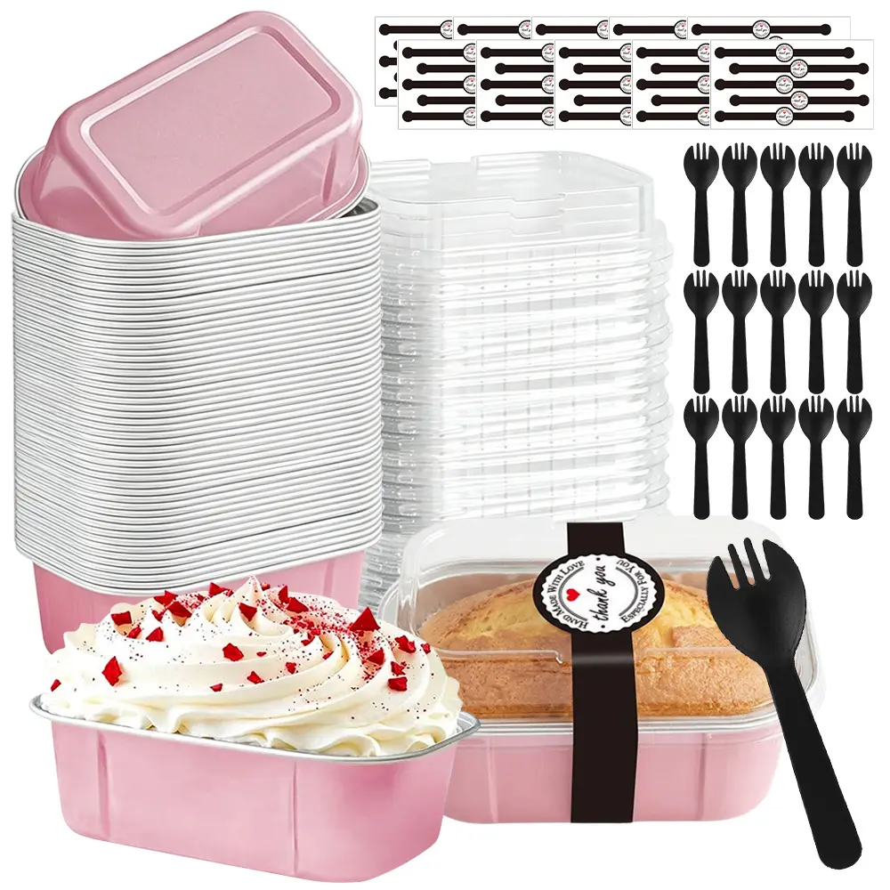 50Pcs Mini Loaf Pans with Lids and Spoons, 5.5 oz Disposable Aluminum Foil Mini Cake Pans and Baking Tins with Sealing Stickers, Individual Pink Dessert Containers for Parties and Gift