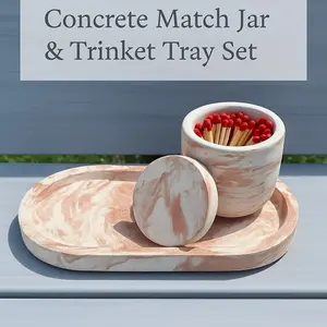 Handmade Concrete Match Jar with Strike Pad Lid & Trinket Tray Set - Marble Design for Matches and Small Items