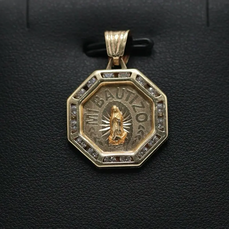 14K Gold “Mi Bautizo” Baptism Pendant with CZ Border Octogen