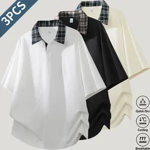 Men’s textured polo shirt with plaid collar, oversized casual short-sleeve T-shirt, black streetwear top for everyday wear