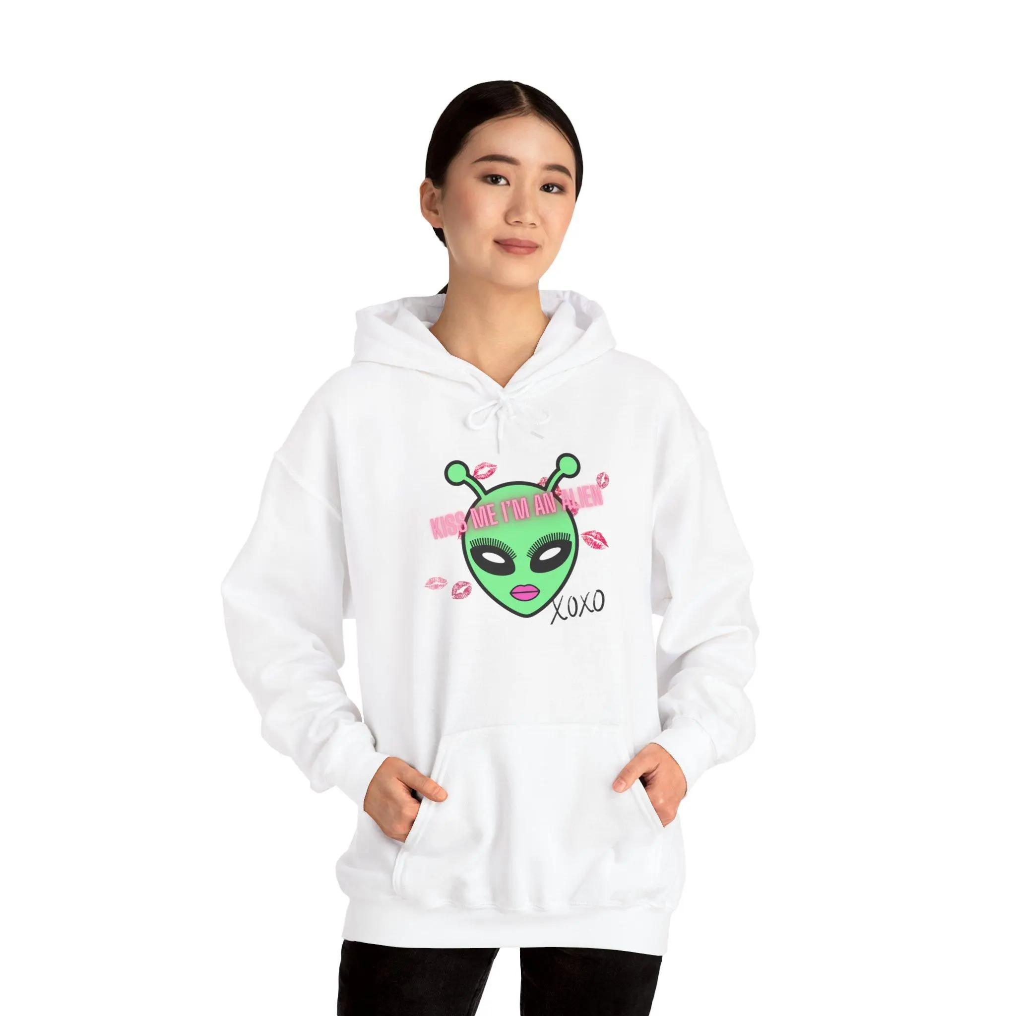 Women's Retro, Neon, Kiss Me Alien Graphic Hoodie