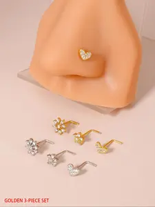 Women's Flower-Shaped Nose Studs Set, 14k Gold-Plated Cubic Zirconia Heart & Floral Design, Ball Pins & Bone Rings Included