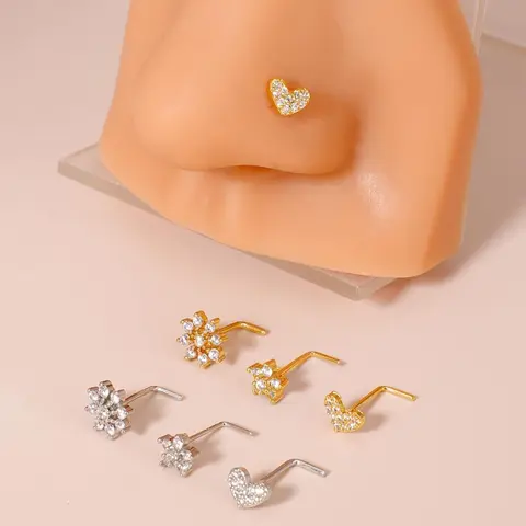 Women's Flower-Shaped Nose Studs Set, Body Jewelry, 14k Gold-Plated Cubic Zirconia Heart & Floral Design, Ball Pins & Bone Rings Included, Body Jewellery