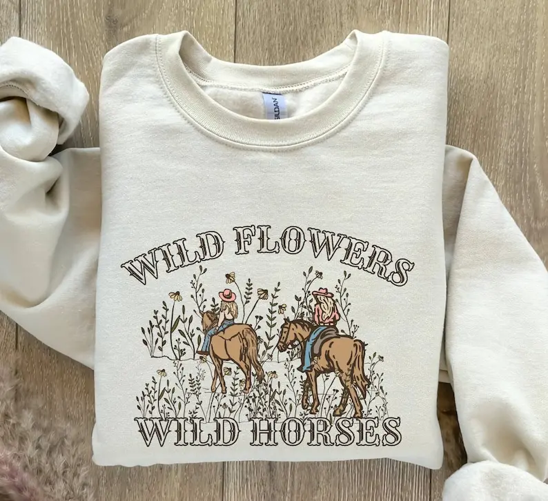 Wild Flowers Wild Horses Natural Sweatshirt,Western Cowgirl Sweatshirt,Trendy Western Sweater,Country Concert Sweater, Rodeo Graphic Sweater