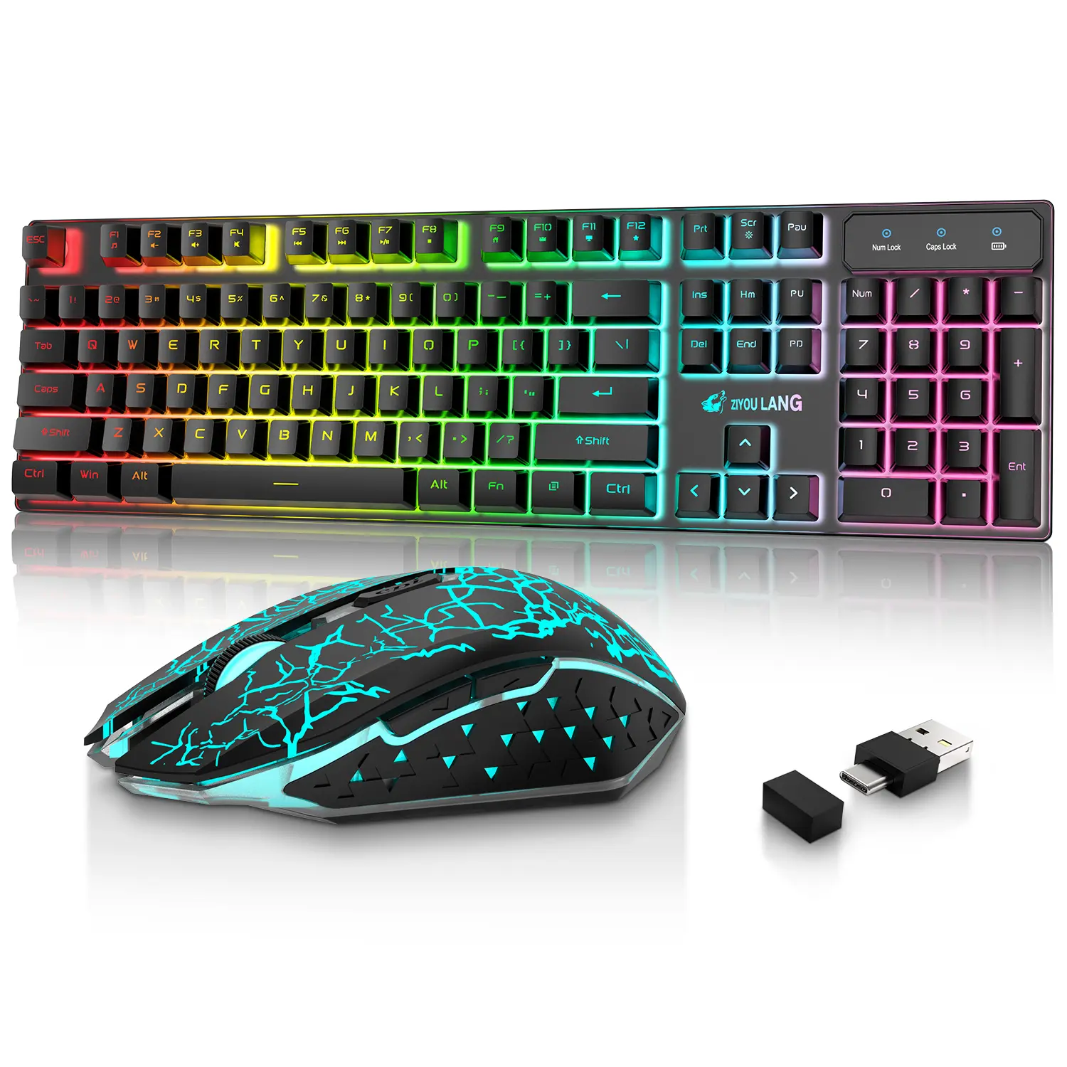 FREEWOLF T3 RGB Wireless Gaming Keyboard and Mouse Combo 2.4GHZ, Built-In Battery, 104 Keys Full Keyboard, 2400DPI LED Backlight Silent Mouse, Mechanical Keyboard, 7 Color Backlit Mouse, for PC Mac Laptop PS4 Tablet, Ergonomic, 3000 mAH Long Battery Life