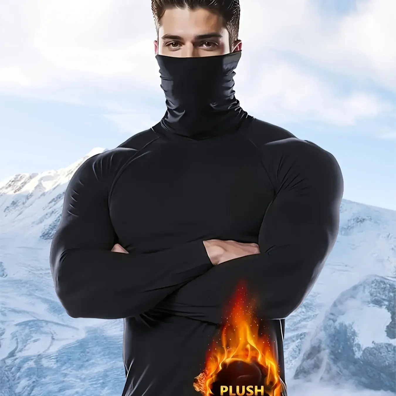 Men's Extreme Cold Season Warm Base Layer Shirt - 24-hour insulation, soft lining, high collar, fitted long sleeves, suitable for skiing, snowboarding, mountaineering, and ice climbing.