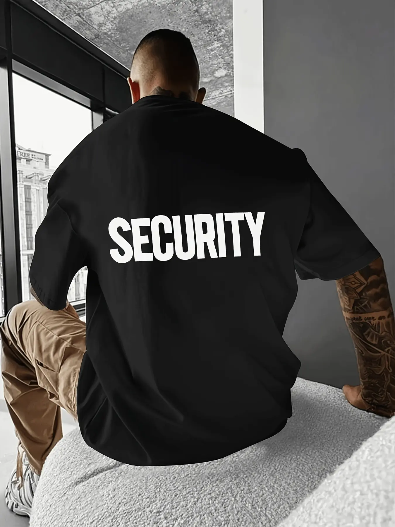 Men's Casual 'SECURITY' Graphic T-Shirt, Loose-Fit Short Sleeve Polyester Streetwear Top with Round Neck, Plus Size, Shortsleeve, Tshirt, Menswear, Fabric, Print