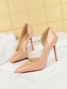 Women's Patent Leather Stiletto High Heels, Classy Stiletto Heels, Pointed Toe Design, Breathable Side Cutout, Elegant Office & Party Shoes, Stylish