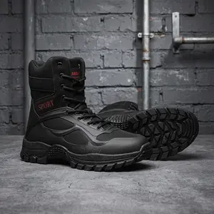 High-top security boots, black Oxford cloth mesh lining, synthetic leather upper, PU rubber outsole, suitable for men's outdoor activities and security work.