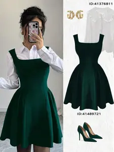 New Square Neck Sleeveless A-Line Dress, Ruched Hem, Elastic Fabric, Solid Color, Casual Slim Fit, Waisted, Flattering, Suitable For Commute, Everyday Wear, Spring/Summer/Autumn/Winter, Christmas