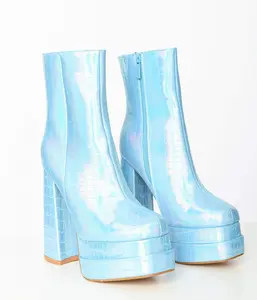 Iridescent Metallic Blue Reptile Platform Boots