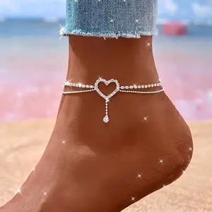 Simple double-layer silver heart-shaped rhinestone chain and bead chain anklet for women, a perfect gift