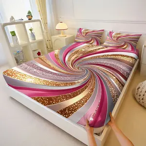 3PcsSpiral Glitter Printed Fitted Sheet Set, Pink Gold Silver Opulent Bedding Set, Sparkling Star - like Speckled Tunnel - Effect Bedspread, Luxurious Dynamic Design for Festive Bedroom Decor, Includes 2 Pillowcases, No Pillow Core