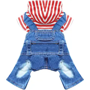 Small  Hoodie Clothes Cute Stripe Shirts Denim  One- Outfit for Small Medium Dogs Cats Boy Girl Chihuahua Blue Jeans Overalls Puppy Costume (Red,XXL)