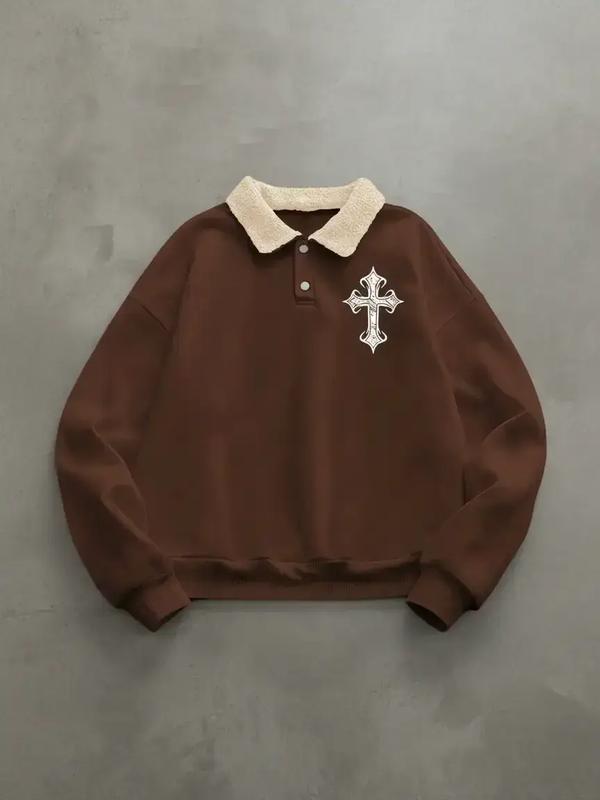 Trendy Retro Lamb Wool Collar Sweatshirt, Cross Print Polo Shirt, Comfortable Casual Wear for All Seasons, Fitted Design
