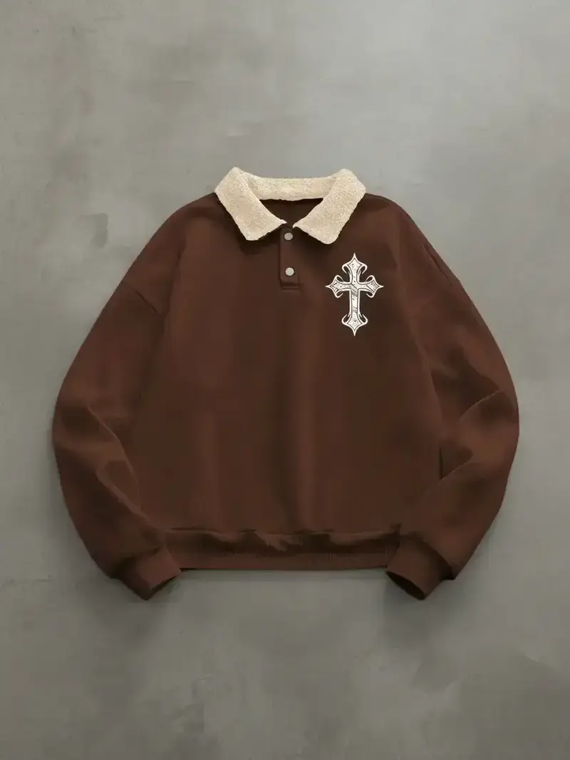 Trendy Retro Lamb Wool Collar Sweatshirt, Cross Print Polo Shirt, Comfortable Casual Wear for All Seasons, Fitted Design