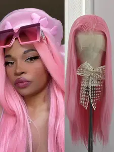 Pink Long Straight Synthetic Lace Front Wig, Heat Resistant Fiber, Natural Hairline, No Glue Needed, Unisex Cosplay Makeup Use, Synthetic Material Wigs