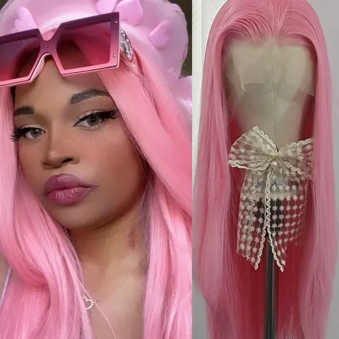 Pink Long Straight Synthetic Lace Front Wig, Heat Resistant Fiber, Natural Hairline, No Glue Needed, Unisex Cosplay Makeup Use, Synthetic Material Wigs, Glueless Synthetic Wig
