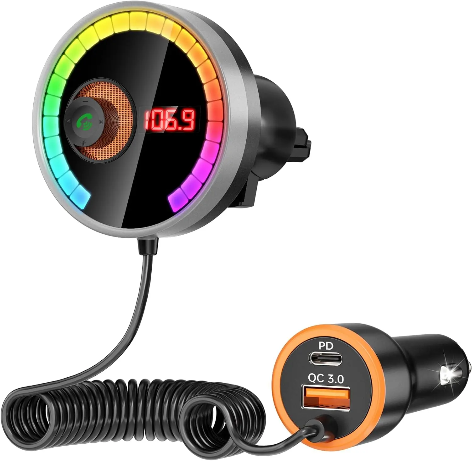 Bluetooth Car Adapter FM Transmitter Car Radio Bluetooth Transmitter,  Colors LED Backlit, QC.Fast Charging, Strong Microphone, HiFi Bass Sound, HandsFree Call, Support USB/TF Drive