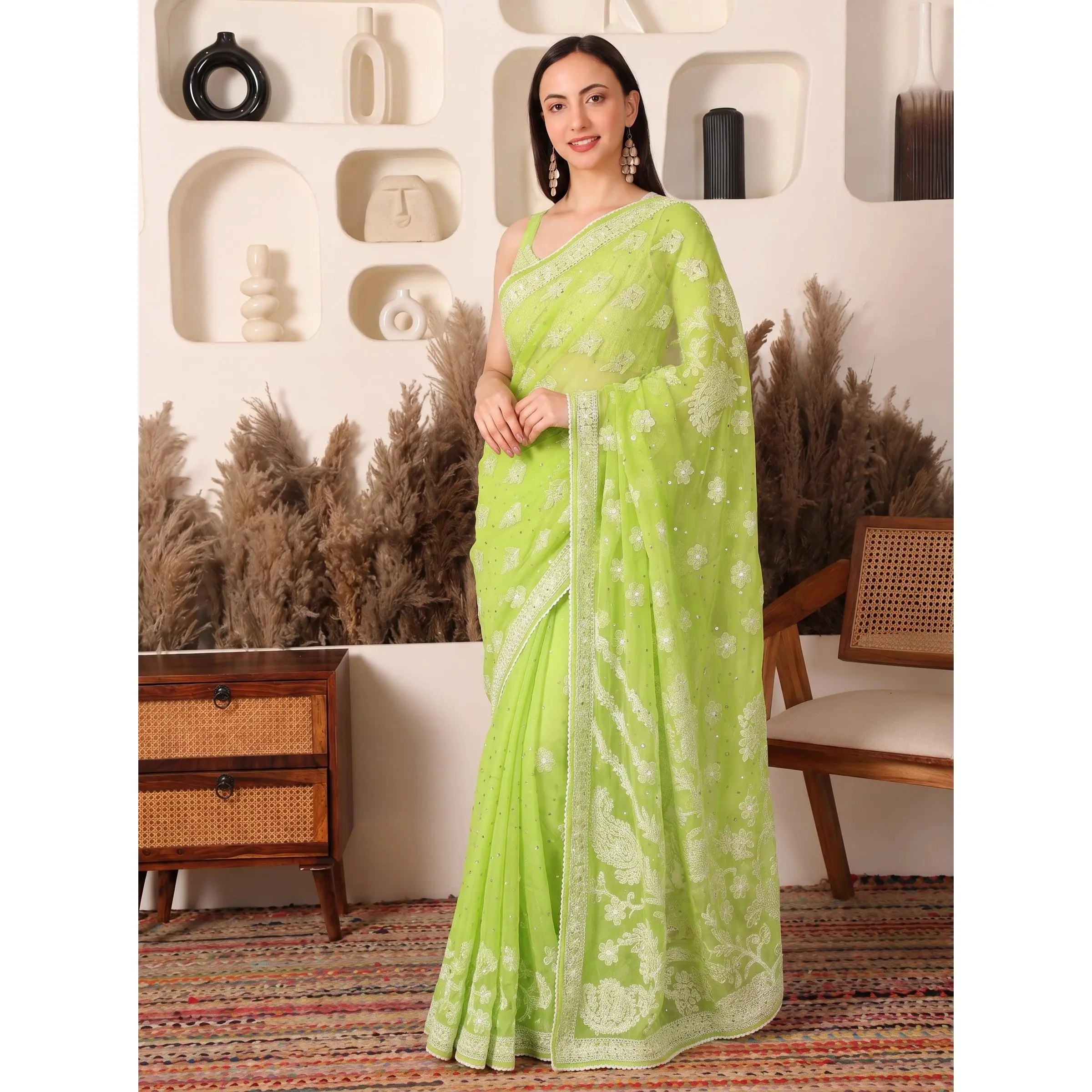 Misri Georgette Green Saree with Mukaish