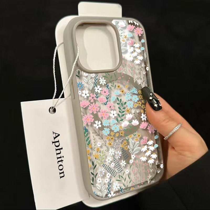 Chic Botanical Graphic Phone Case Hand-Drawn Style Pink, Blue & Yellow Wildflowers Paired With Lush Greenery Featuring Built-In Strong Magnet Ring Blending Smooth Macaron Texture With Secure Magsafe Compatibility For iPhone 17 16 15 14 13 12 11 X XS
