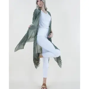 One Size Natural Mineral Washed Semi-Sheer Kimono Cover-up Chenille Detail, Boho Fashion Half Sleeve Open Front Outerwear for Summer, Women's Clothes for Daily Wear Outfits Elegant Womenswear Green