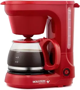Holstein Housewares - 5 Cup Drip Coffee Maker - Convenient and User Friendly with Permanent Filter, Borosilicate Glass Carafe, Water Level Indicator, Auto Pause/Serve and Keep Warm Functions, Red