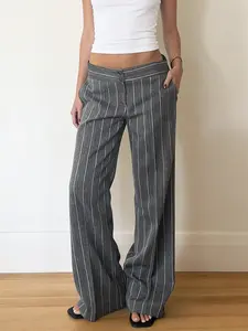 Women's Vertical Striped Loose Straight Leg Fit Pants, Vintage Casual Low Waist Floor-Length Trousers, Elegant Commuter Versatile Pants, Womenswear, Casual Comfy Trousers