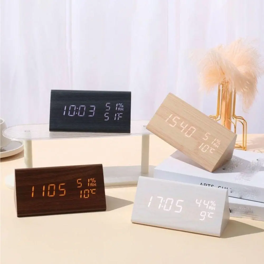 Triangular Wooden LED Alarm Clock Humidity and Temperature Display Adjustable Brightness Electronic Alarm Clock Voice-activated
