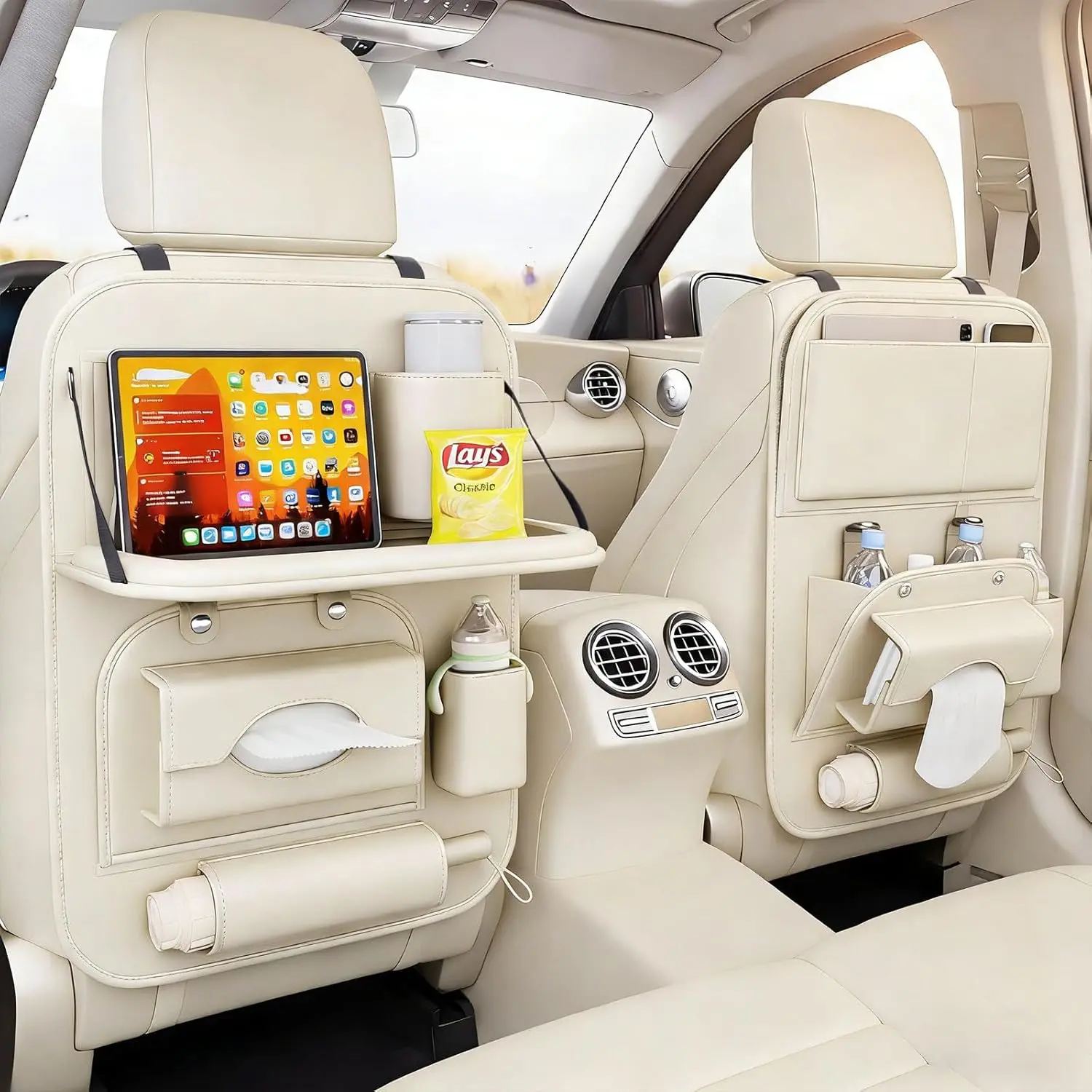FASTAGEI Universal Premium Leather Foldable Car Backseat Organizer with Table Tray, Car Seat Back Protector with Garbage Bag Touch Screen Pad Holder, Car Kick Mats Protector with Tissue Holder (Beige)