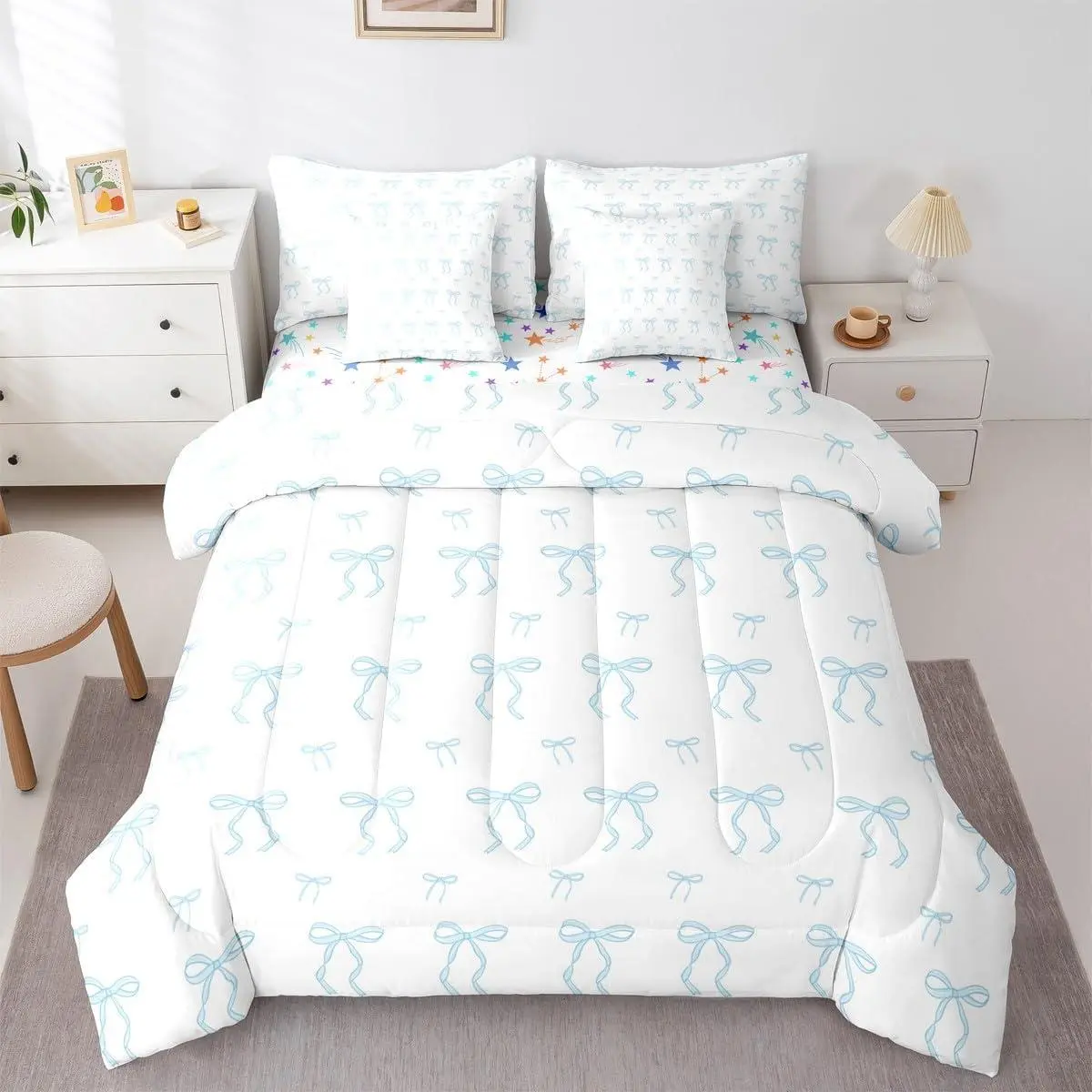 Blue Bow 7-Piece Bedding Set Coquette Bow Bed in A Bag - Preppy Cute Comforter Set with Sheets Preteen Modern Trendy Coquette Bowknot Quilt Duvet Insert