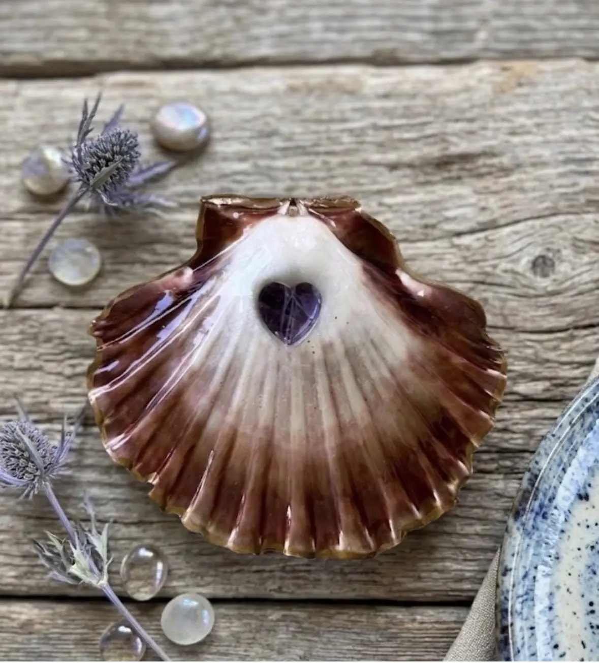 Handmade Amethyst Heart Scallop Shell Trinket Dish, Coastal Ring Holder, Ocean Decor, Gift-Boxed