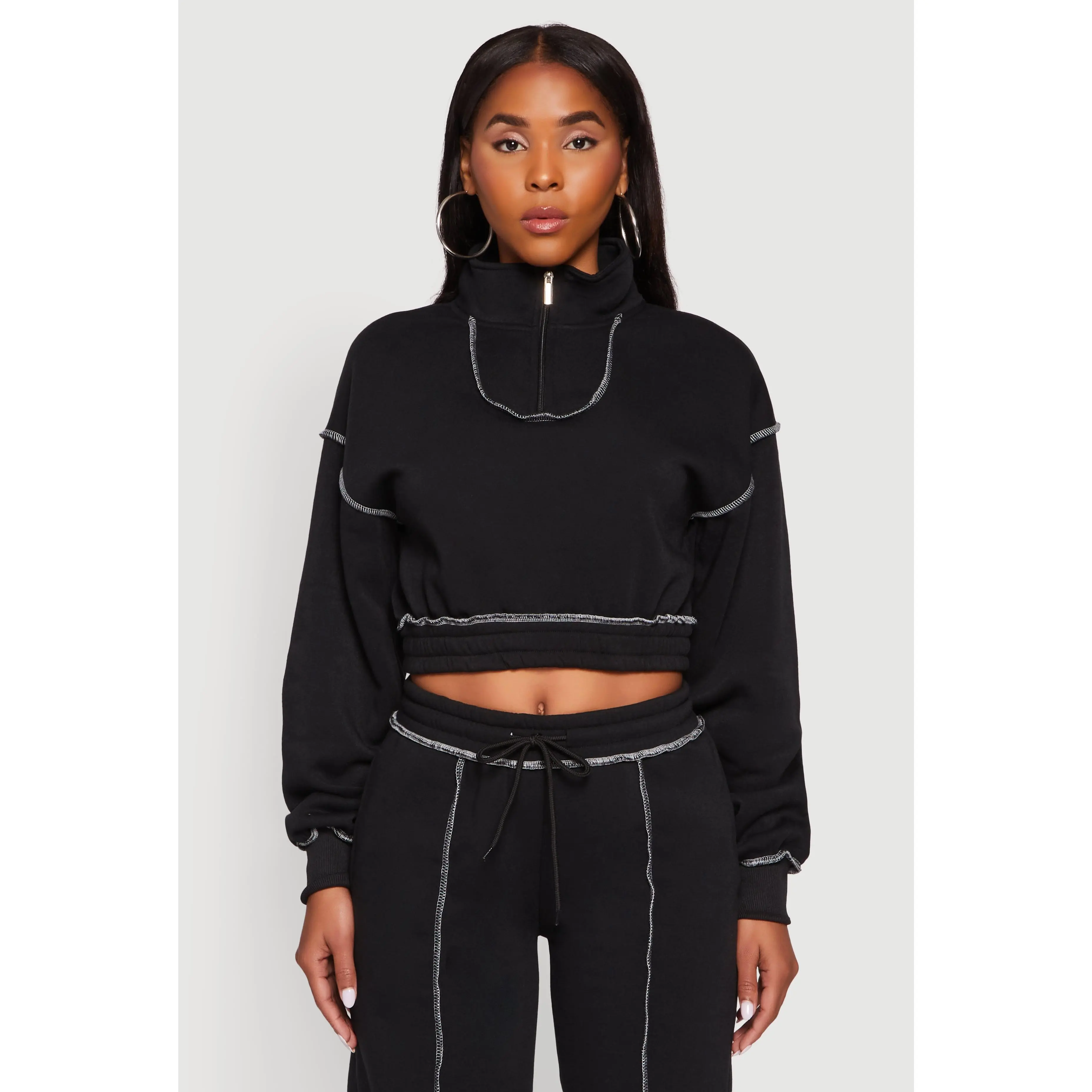 Mock Neck Half Zip Cropped Pullover Sweatshirt